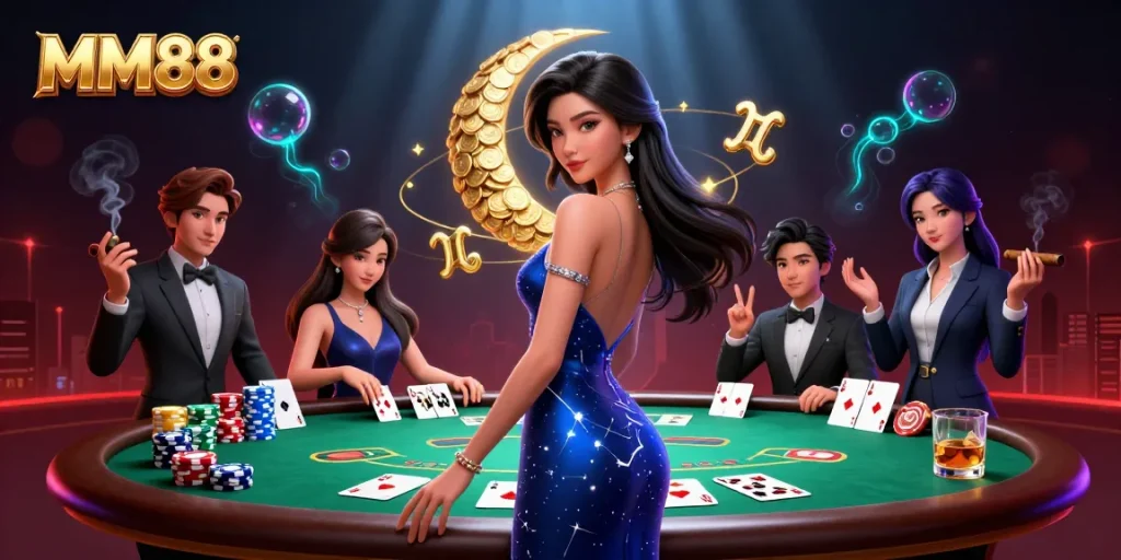 Experience the thrill of MM88 with a luxurious casino scene featuring elegant gaming elements and captivating ambiance.
