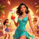 Engage with hitclub's exciting vibrant atmosphere featuring 3D slot reels and a glamorous tropical scene.