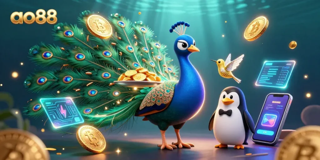 Engage in thrilling gameplay with ao88, featuring vibrant casino characters and dynamic crypto elements.