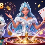 Bong88 casino illustration featuring a glamorous winter queen and arctic fox with dynamic gambling elements including coins and cards.