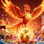 Experience the thrilling hit of excitement as a phoenix and baby emerge amidst a flurry of casino treasures.