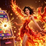 Experience thrilling action with UFABET's casino games as a phoenix rises surrounded by vibrant slot machine elements