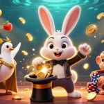 Hitclub's whimsical casino magic scene featuring a rabbit, dove, and monkey immersed in lively slots and golden coins.