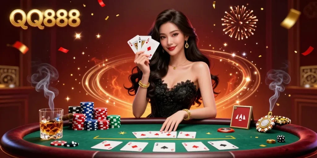 Experience thrilling moments at QQ888 with a captivating casino scene showcasing poker action.