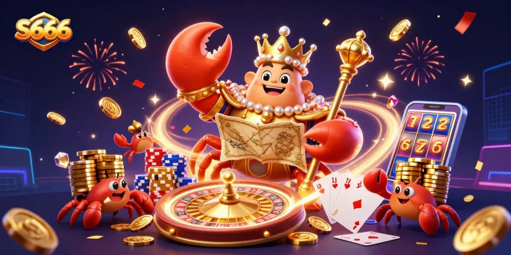 S666's captivating 3D illustration of a golden crab emperor amidst a vibrant casino scene with gems and poker elements.