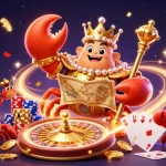 S666's captivating 3D illustration of a golden crab emperor amidst a vibrant casino scene with gems and poker elements.