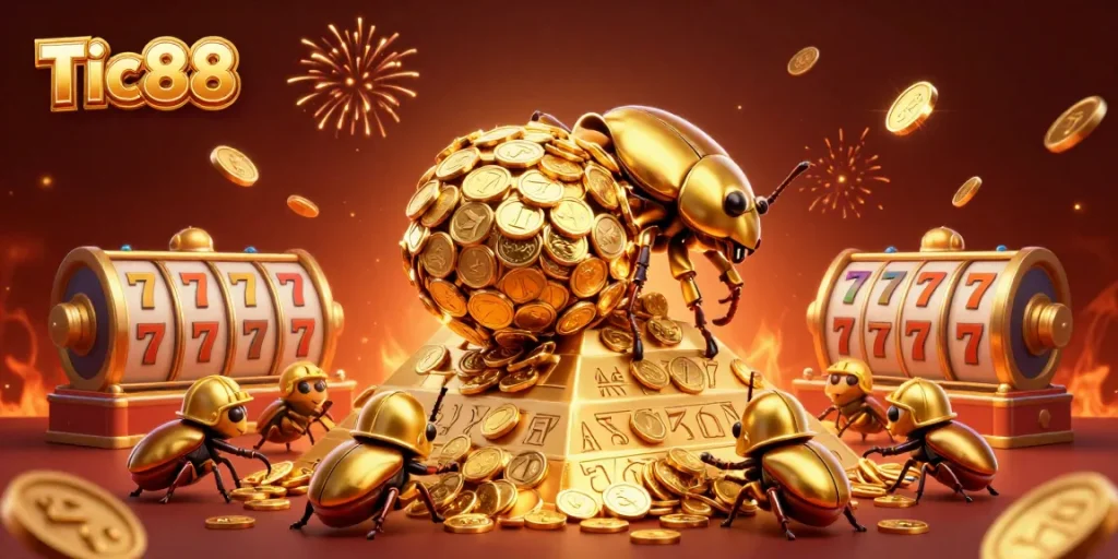 Experience thrilling gaming action with Tic88's exciting golden beetle illustration.