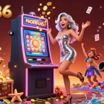 Experience the thrill of nohu86 with a jackpot-winning Asian woman celebrates at a vibrant casino scene.
