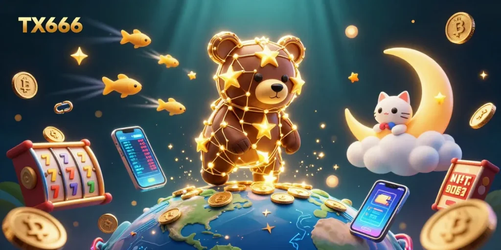 TX666 engages players with thrilling 3D casino illustrations depicting vibrant gaming elements and lively characters.