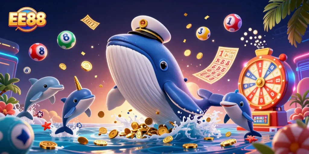 Experience the excitement of EE88 with a whale and dolphins in a vibrant casino scene.