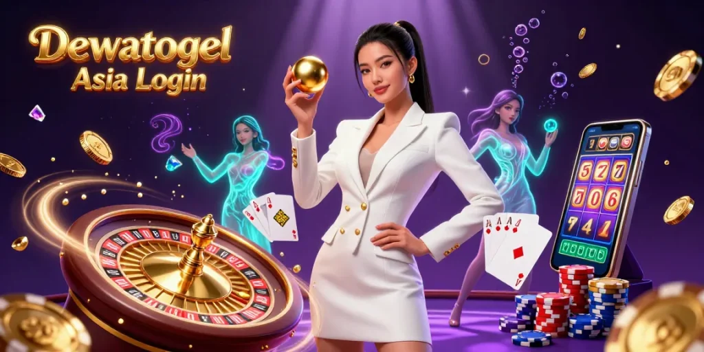 Dewatogel Asia Login showcases an Asian woman confidently holding a golden roulette ball amidst cascading coins and poker chips.
