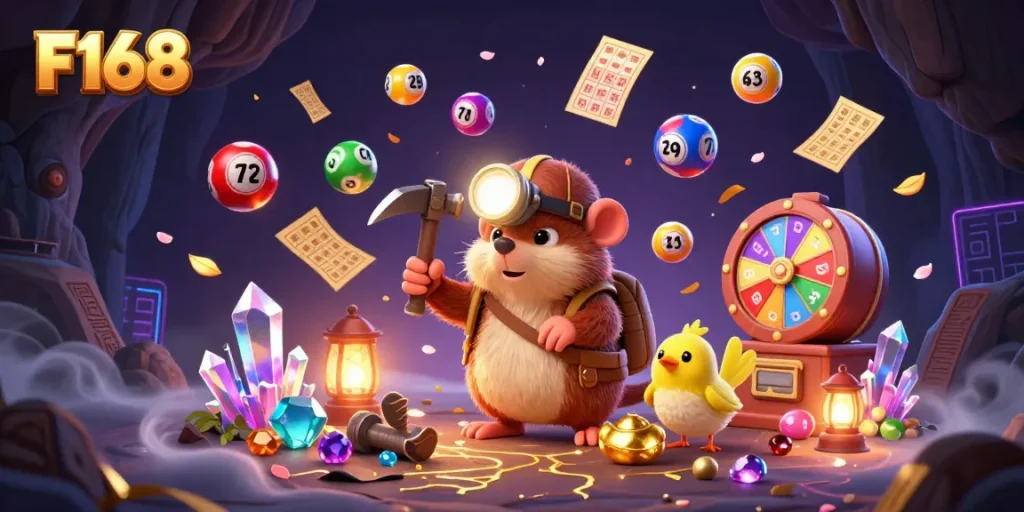 Experience the excitement of F168 with vibrant illustrations of a mole miner surrounded by lottery elements and golden treasures.