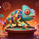 Engage with the thrilling mb66 casino scene as a chameleon owner captures golden coins with an energetic atmosphere.