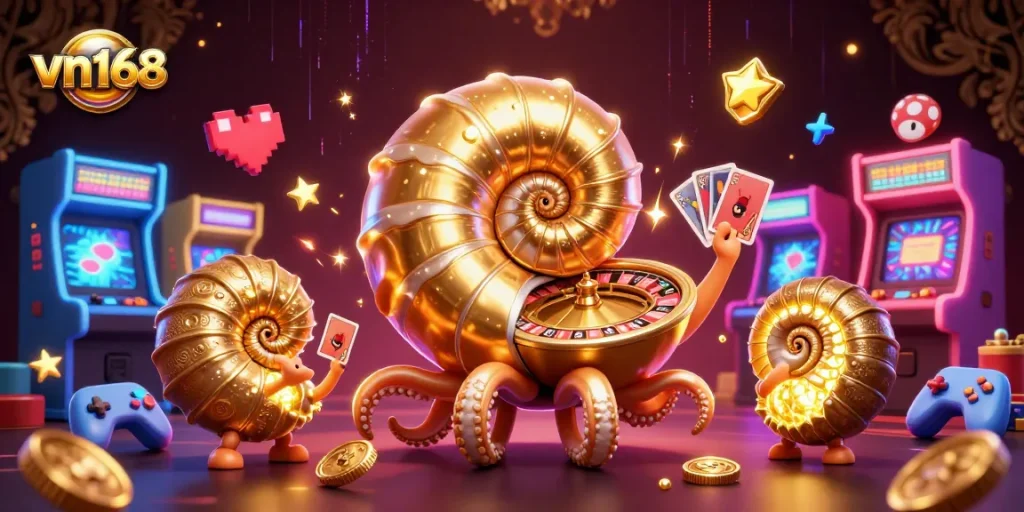 Engage in thrilling gameplay at vn168 with vibrant casino-themed 3D illustration featuring a giant nautilus and arcade elements.