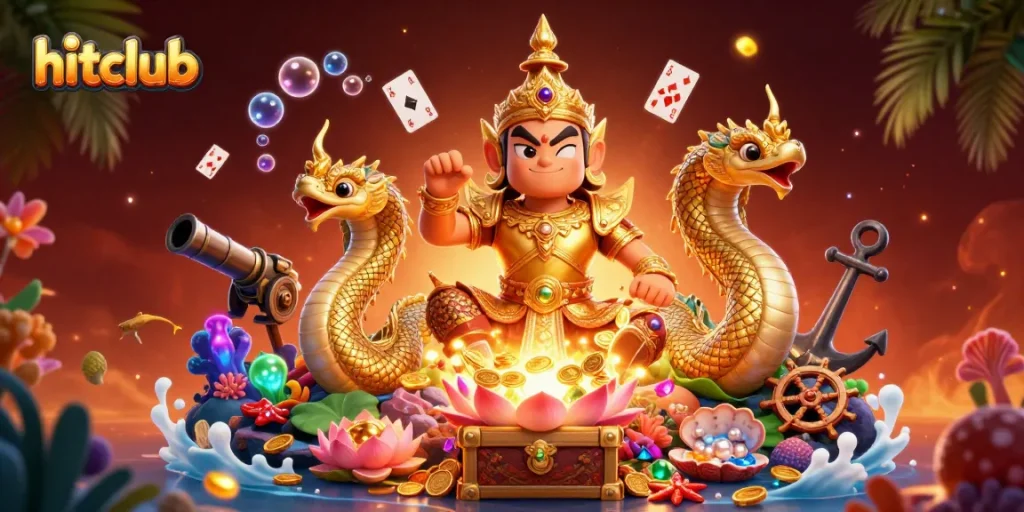 Engage with hitclub's vibrant gambling world featuring colorful characters, treasure, and casino elements.