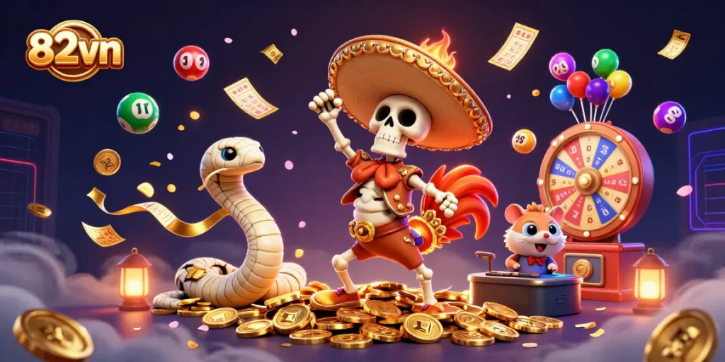 Win big at 82vn with exciting games and promotions, featuring dynamic animated elements.