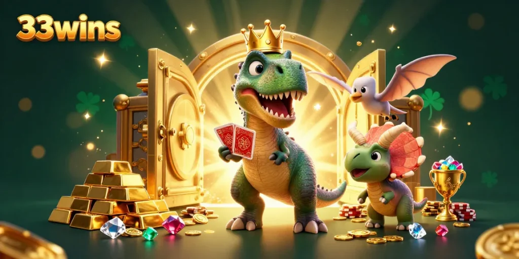 Engage in thrilling gameplay with 33wins in this vibrant casino scene featuring dinosaurs and treasures.