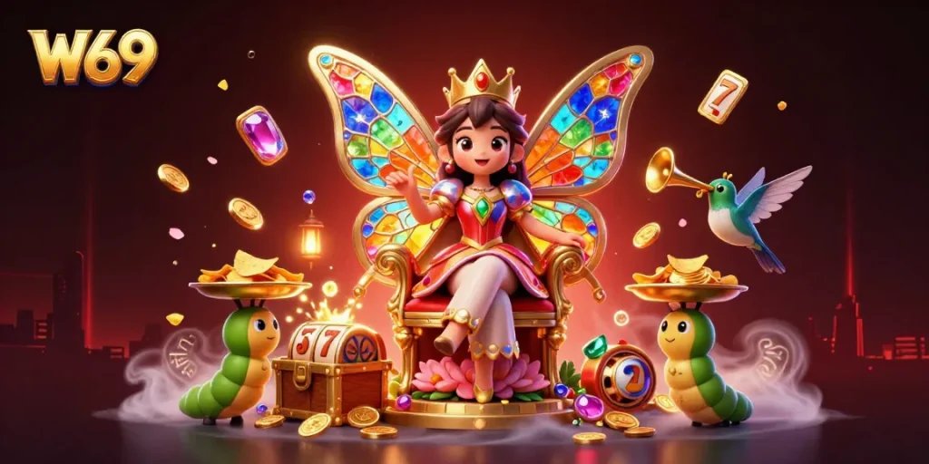 W69 interactive casino scene featuring a vibrant butterfly queen and slot reels with chips.