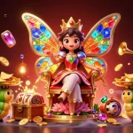 W69 interactive casino scene featuring a vibrant butterfly queen and slot reels with chips.