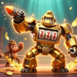 Experience thrilling betting action with Wala88 as a golden gorilla mech celebrates big wins in a vibrant arena.