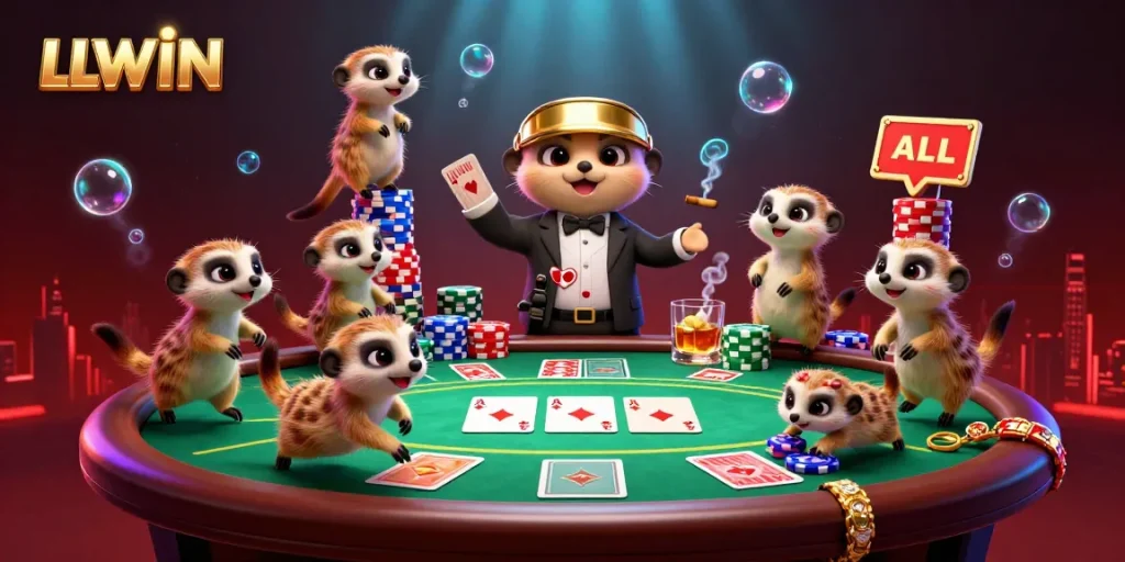 LLWIN highlights a cartoon meerkat casino scene with vibrant poker elements, showcasing dynamic gameplay.
