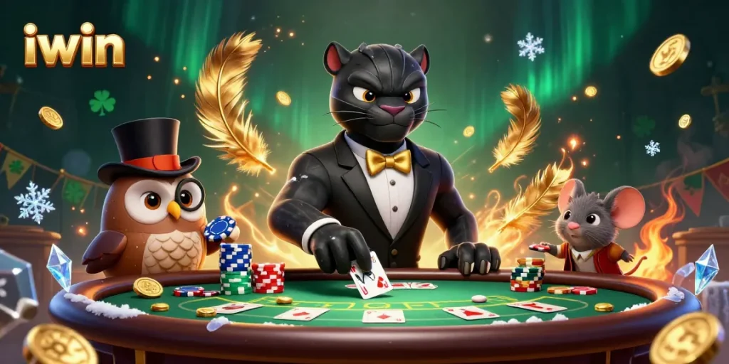 iwin characters engage in a vibrant poker scene, showcasing strategy and high-stakes fun.