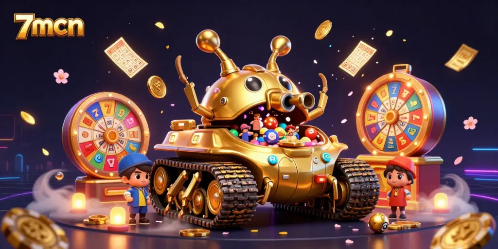 Engage with the exciting 7mcn casino world featuring a golden beetle tank and vibrant game elements.