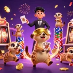 Slot menarik dengan aktivitas meerkat di kasino, chip bertebaran dan permainan slot.