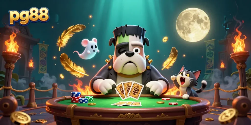 Engage with pg88, featuring a cartoon bulldog dealing cards, immersed in a vibrant casino scene.
