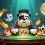 Engage with pg88, featuring a cartoon bulldog dealing cards, immersed in a vibrant casino scene.