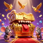 Experience excitement in link 8XX as adventurer mice approach a golden treasure chest mimic amidst gambling elements.
