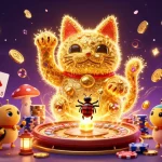 Engage with Go8's vibrant lucky cat surrounded by coins and poker chips in a dynamic casino scene.