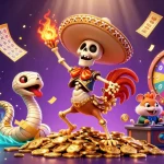 Experience the excitement of gg88 with a lively scene featuring a mariachi rooster, a mummy snake, and a DJ hamster, surrounded by casino game elements.