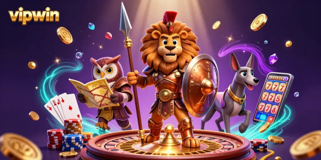 Experience thrilling wins at vipwin with an exciting casino scene featuring a Spartan lion, owl strategist, and greyhound messenger.