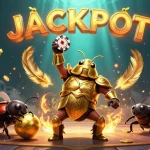Win big at AW8 with a victorious beetle lifting a poker chip in a dynamic casino scene.