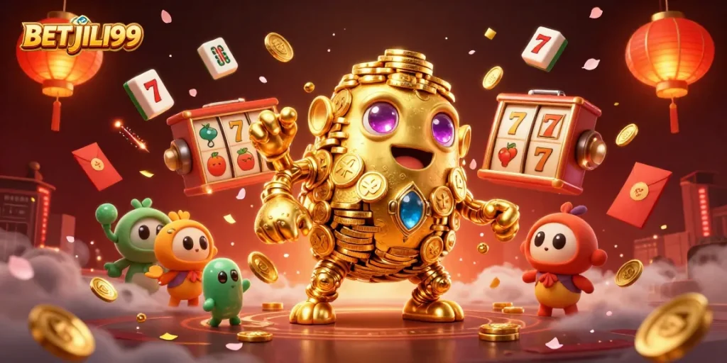 Experience the thrill of BETJILI99 with a vibrant 3D scene featuring golden gaming elements and dynamic action.