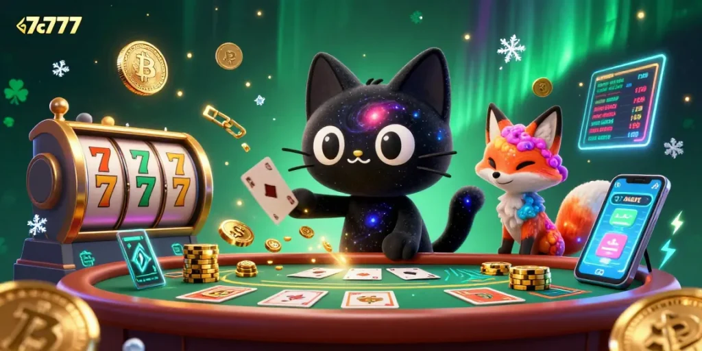 Experience the thrill of 7c777 in a vibrant cosmic casino with unique characters and crypto elements.