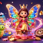 Experience TR88’s vibrant gaming adventure with a 3D illustration of a butterfly queen and dazzling casino elements.