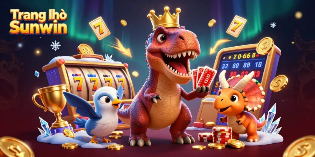 Engage with Trang chủ Sunwin’s vibrant gaming scene featuring a T-Rex shuffling cards.