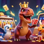 Engage with Trang chủ Sunwin’s vibrant gaming scene featuring a T-Rex shuffling cards.