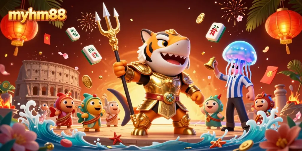 Engage in exciting gameplay at myhm88 with colorful casino elements, including golden envelopes and festive decorations.