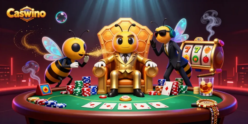 Caswino casino scene with a bumblebee mob boss and vibrant gaming elements