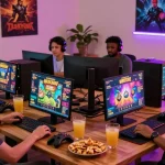 Players enjoying slot gacor games in vibrant home settings with inviting lighting and gaming accessories