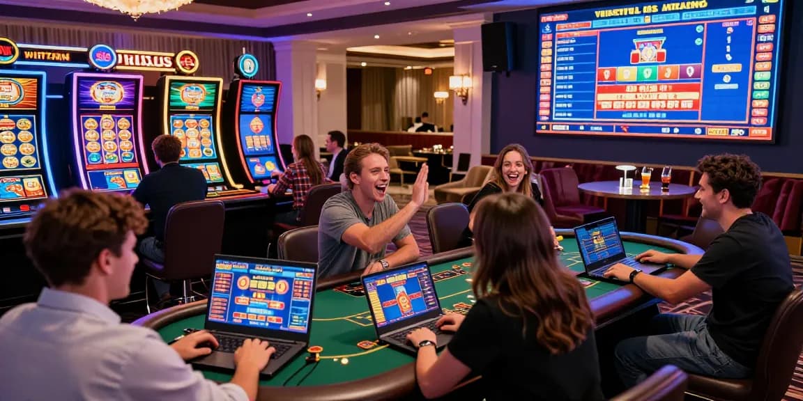 Players enjoying situs judi with laptops and virtual games in a lively casino atmosphere.
