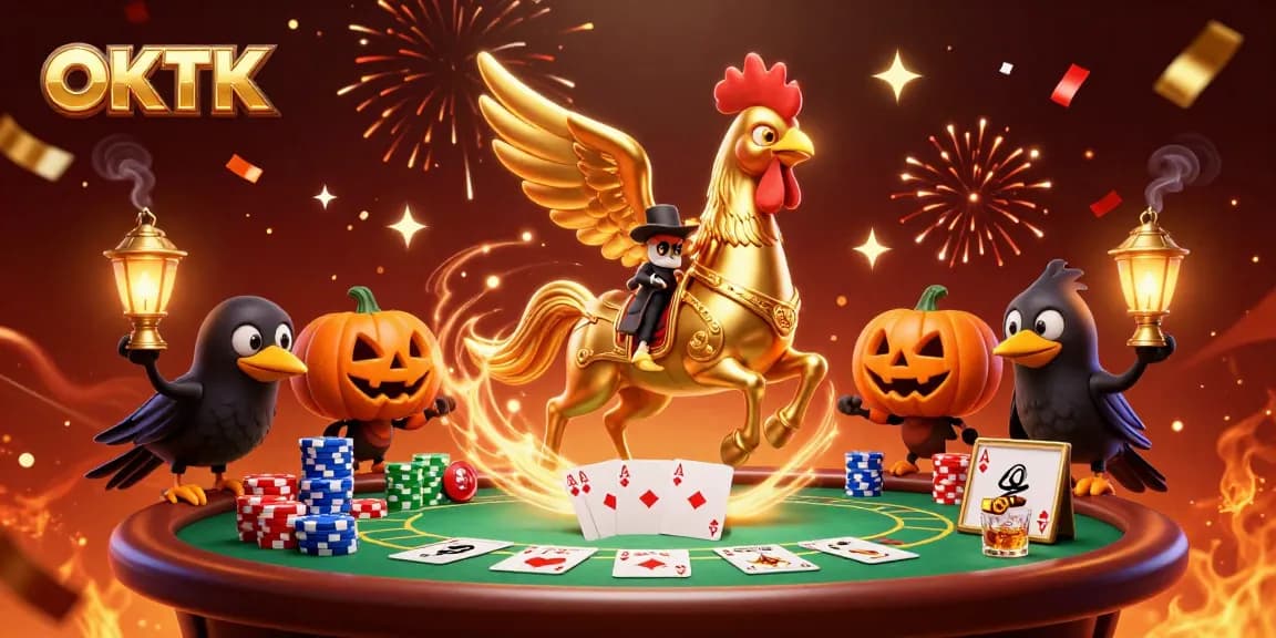Engage with OKTK as a golden rooster gameplay in a lively midnight casino scene.
