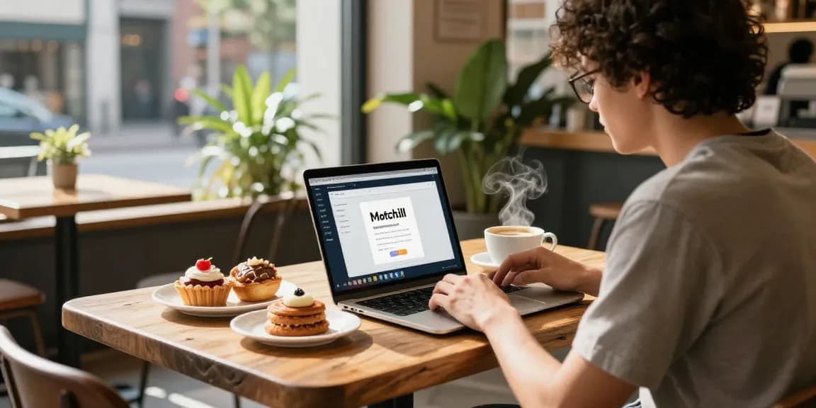 Individual savoring coffee and pastries while using Motchill software in a stylish café.
