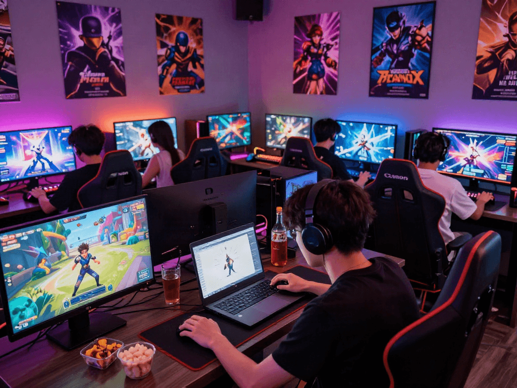 Engaging gaming lounge with players enjoying porngames, colorful setup, and dynamic atmosphere