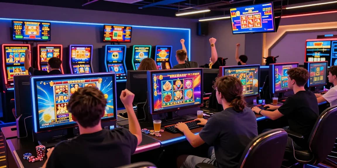 Exciting slot online gaming scene showcasing diverse players in a modern digital casino environment.