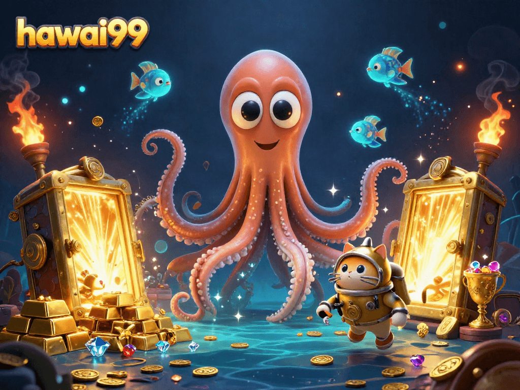 Experience hawai99's thrilling treasure hunt with a kraken, diving cat, and glowing sea creatures.