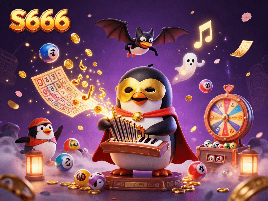 Experience the vibrant S666 casino scene with a playful penguin, exciting lottery elements, and enchanting atmosphere.